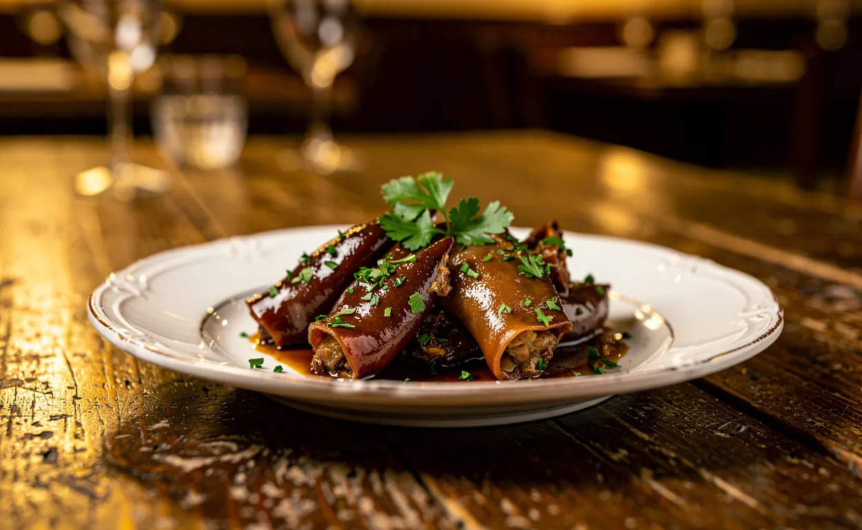 Assiette de museaux de porc braisés garnis de persil frais sur une table en bois dans un restaurant lyonnais chaleureux.