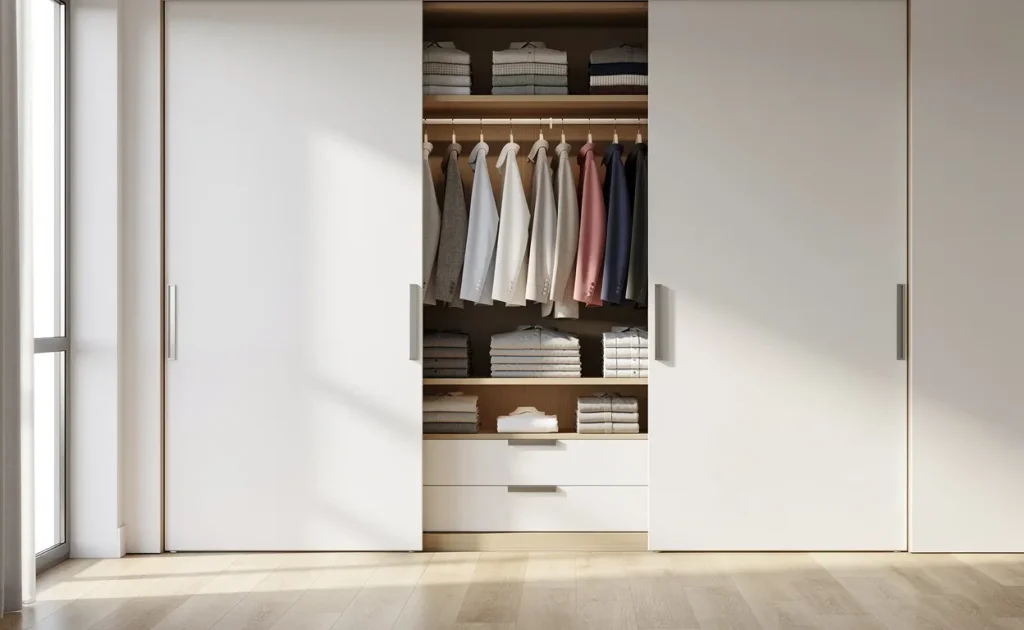 Un placard moderne français à portes coulissantes partiellement ouvertes laisse voir des étagères rangées et des vêtements, baigné par une lumière douce du soleil.