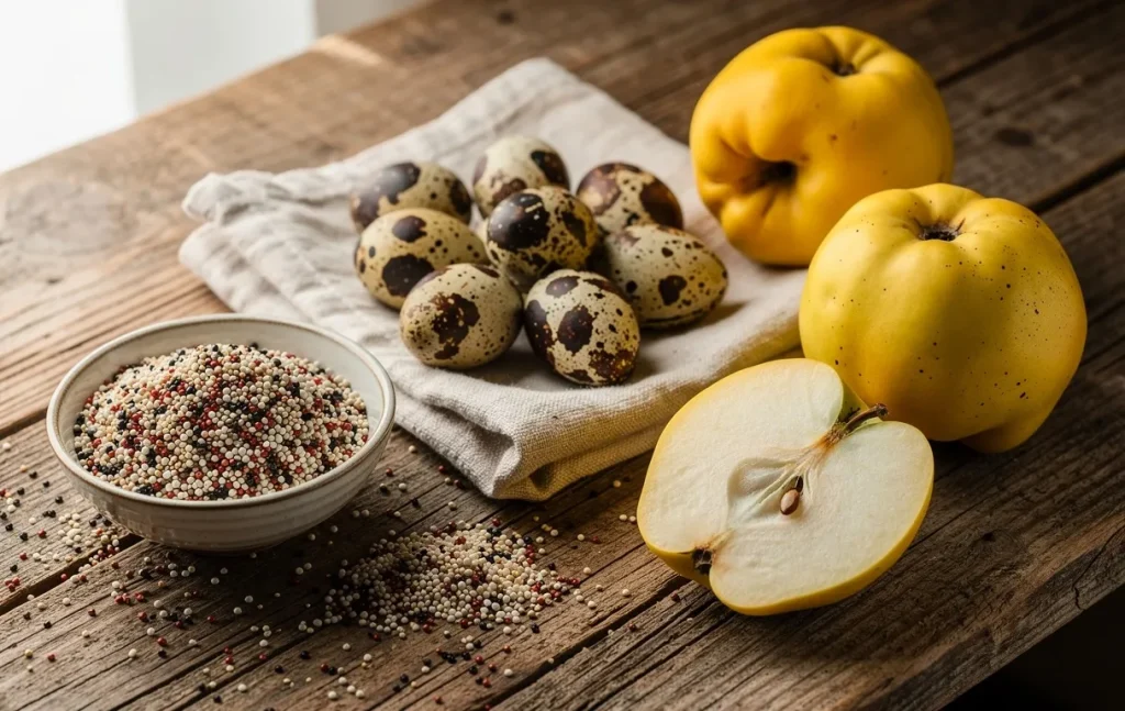 Un assortiment de graines de quinoa, d’œufs de caille et de coings posé sur une table en bois éclairée par une lumière douce.