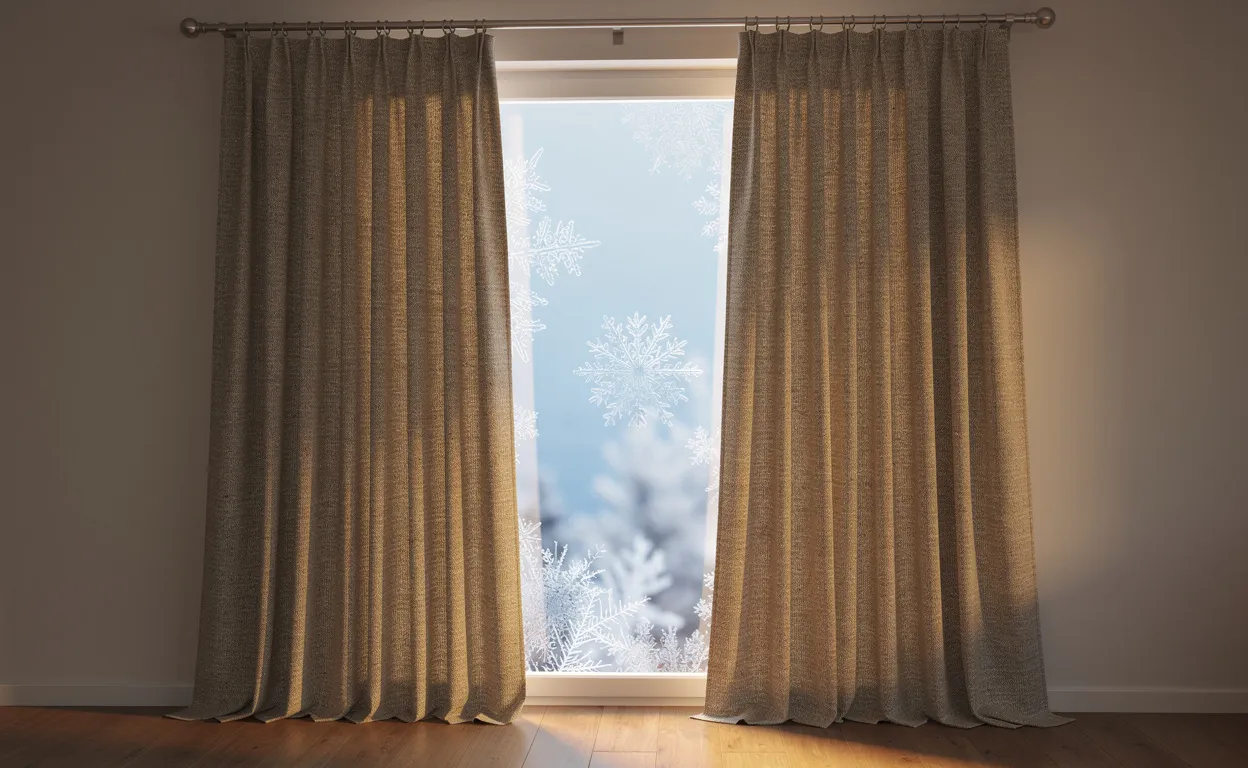 Rideaux thermiques isolants suspendus devant une fenêtre lumineuse un matin d’hiver, laissant entrevoir la chaleur intérieure et du givre sur la vitre.