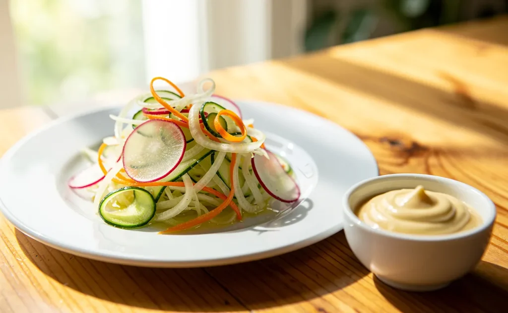 Salade légère de légumes crus finement tranchés disposée sur une assiette blanche, accompagnée d’un petit bol d’aïoli sur une table en bois éclairée par la lumière naturelle.