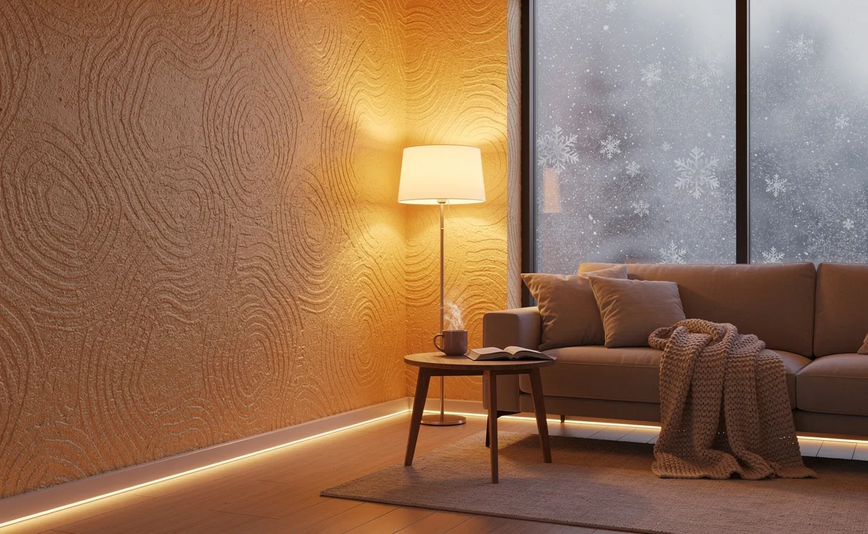 Salon moderne avec un mur recouvert de papier peint isolant thermique, éclairé d’une lumière chaude, tandis que les fenêtres sont givrées.