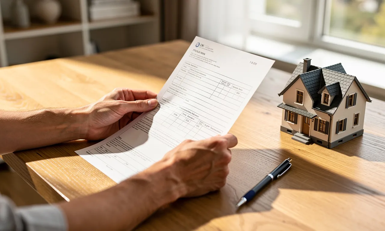 Deux mains tiennent un formulaire au-dessus d’un bureau en bois avec des documents officiels, un stylo et une maquette de maison, éclairés par la lumière du jour.