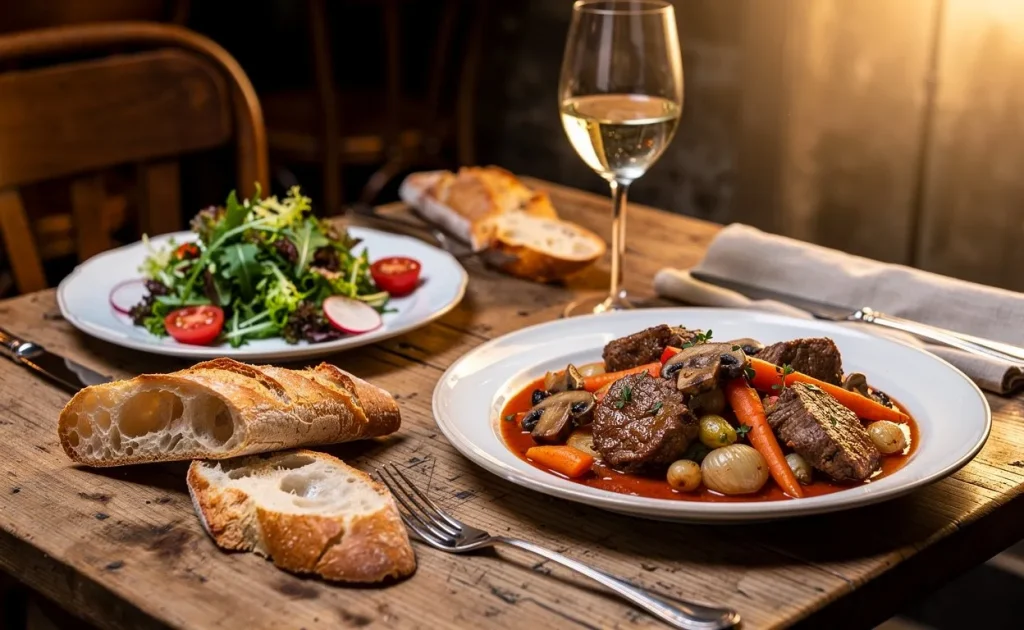 Table française dressée avec salade verte, tranches de baguette et plat de veau Marengo dans une lumière du soir chaleureuse.