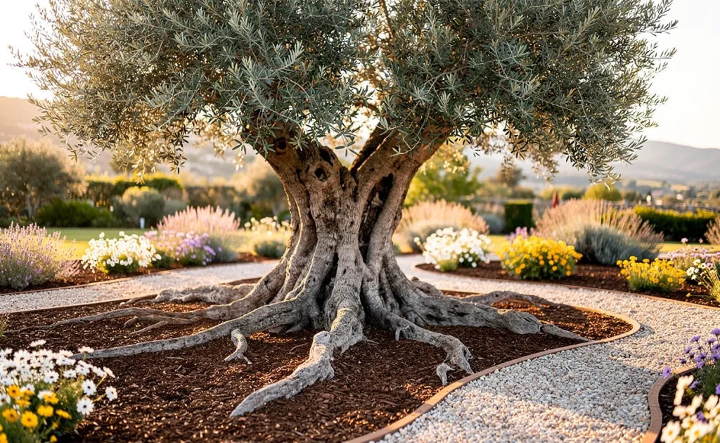 Un vieil olivier aux racines entourées de paillis naturel, de fleurs sauvages et de gravier décoratif sous une lumière dorée méditerranéenne.