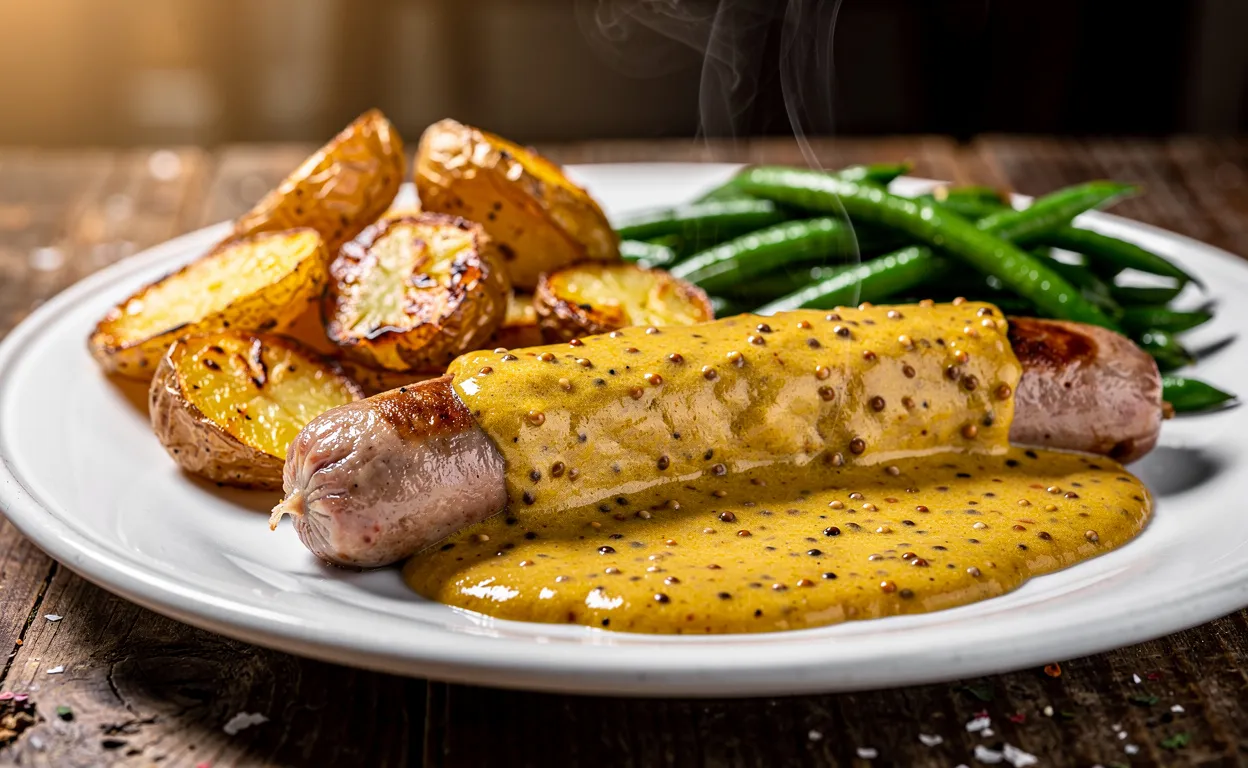 Une andouillette nappée de sauce moutarde accompagnée de pommes de terre rôties et de haricots verts, sur une table en bois rustique.