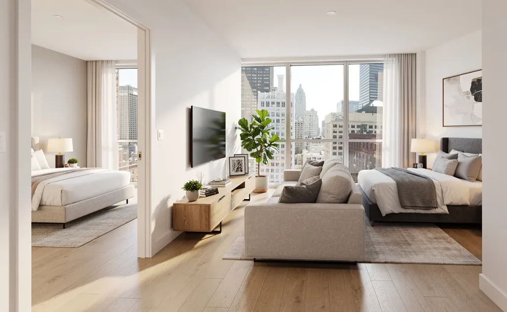 Intérieur d’un appartement moderne avec deux chambres spacieuses et un salon lumineux doté de grandes fenêtres.