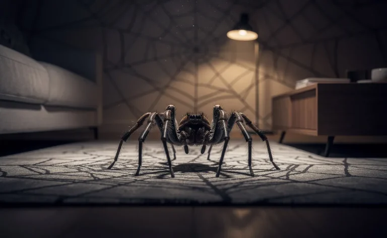 Une araignée détaillée est immobile au centre d’un salon faiblement éclairé, projetant des ombres complexes sur les murs.