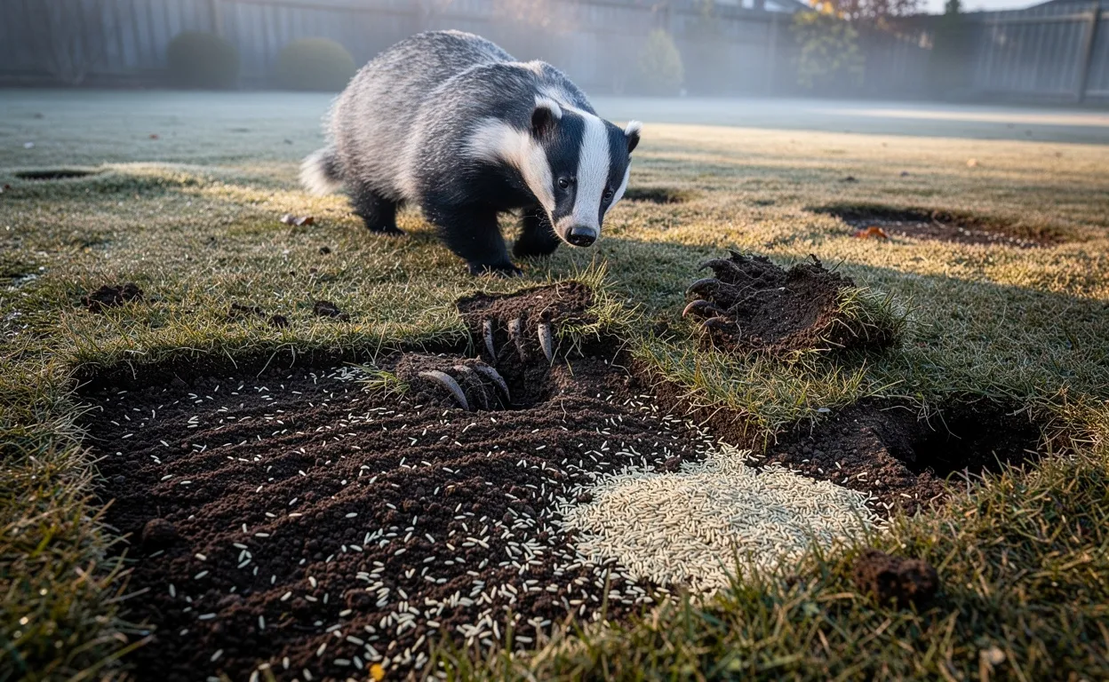 Un blaireau marche près d’une pelouse abîmée avec des trous griffés, de la terre fraîche et des semences, dans la brume du matin.