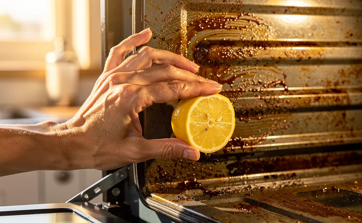 Une main essuie la graisse d’un four sale avec un citron frais sous une lumière dorée filtrant par la fenêtre de la cuisine.
