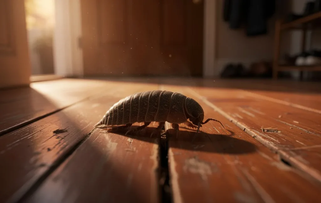 Un cloporte avance lentement sur un vieux plancher en bois dans l’entrée d’une maison baignée de lumière chaude du soir.