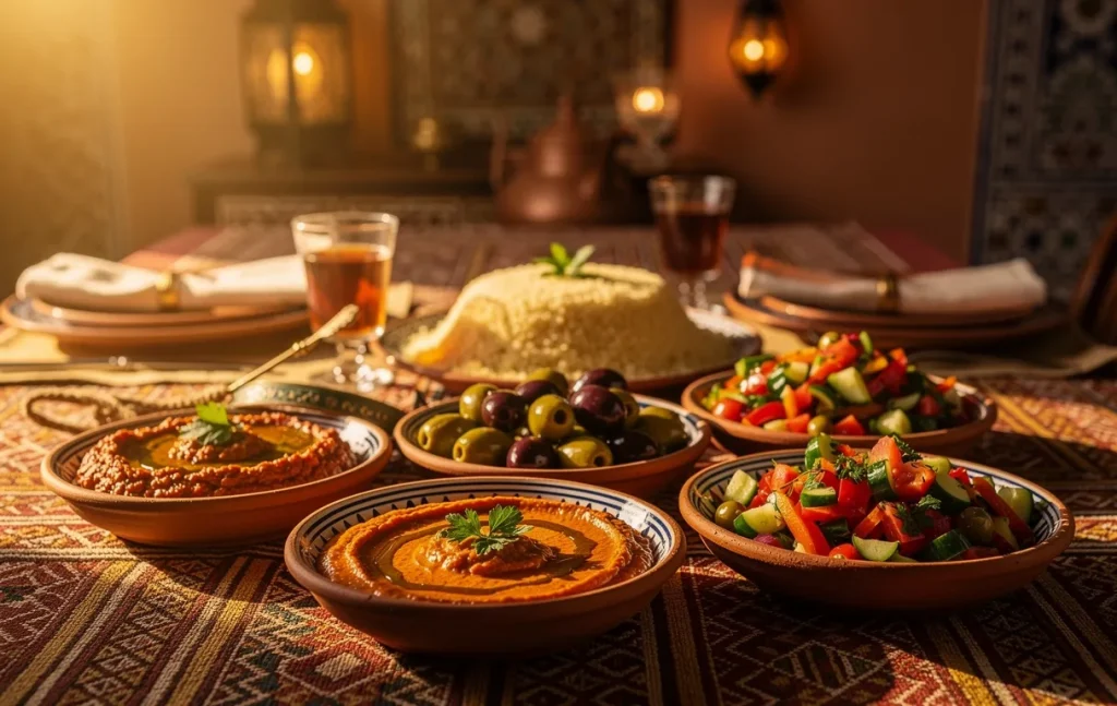 Table marocaine dressée avec des entrées comme zaalouk, olives et salades fraîches sous une lumière dorée du soir.