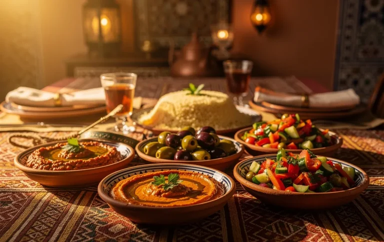 Table marocaine dressée avec des entrées comme zaalouk, olives et salades fraîches sous une lumière dorée du soir.