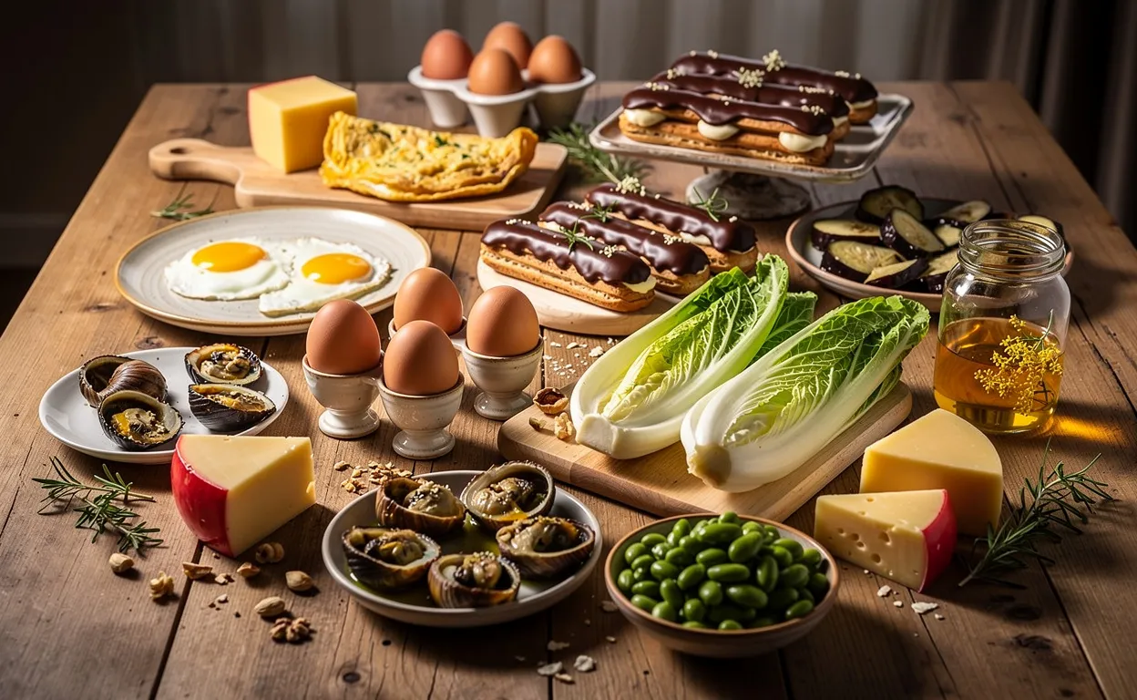 Une table en bois présente divers aliments commençant par la lettre e, comme des œufs, du fromage edam, des éclairs et des endives, sous un éclairage chaleureux.