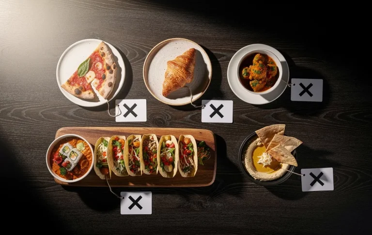 Vue plongeante d’une table en bois élégante présentant divers plats internationaux mystérieux marqués d’une étiquette « X » et baignés d’une lumière douce.