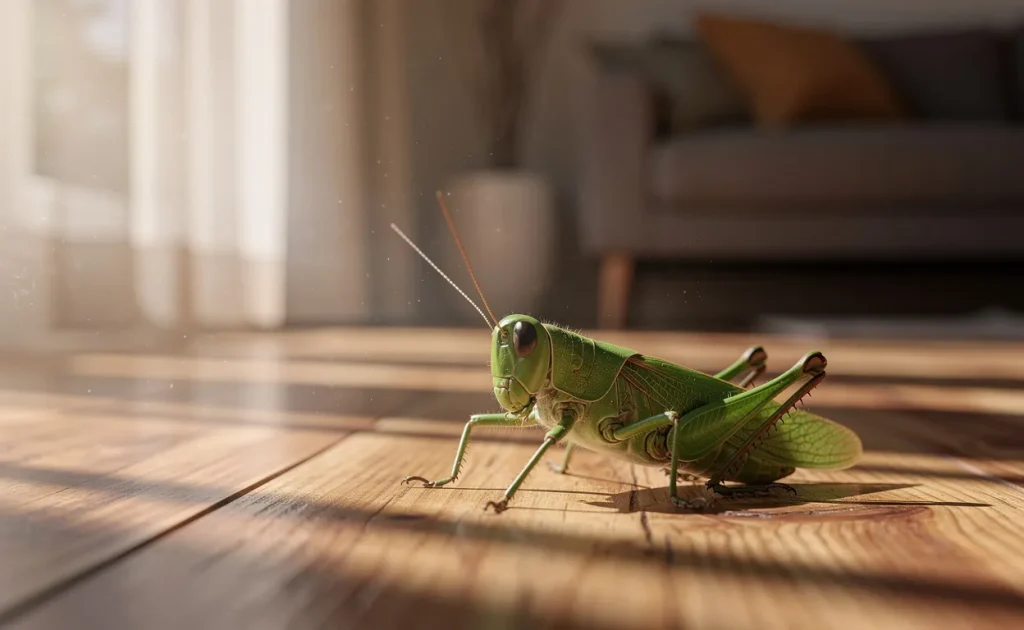Un grillon vert posé sur un parquet dans un salon paisible éclairé par des rayons de soleil filtrant à travers des rideaux.