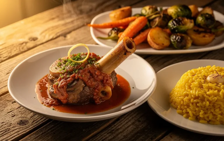 Assiette d’osso buco fumant posée sur une table en bois rustique avec risotto crémeux et légumes rôtis sous une lumière dorée.