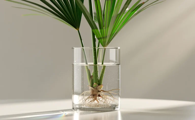 Un papyrus vert posé dans un vase en verre rempli d’eau, baigné par une lumière naturelle avec des reflets délicats.