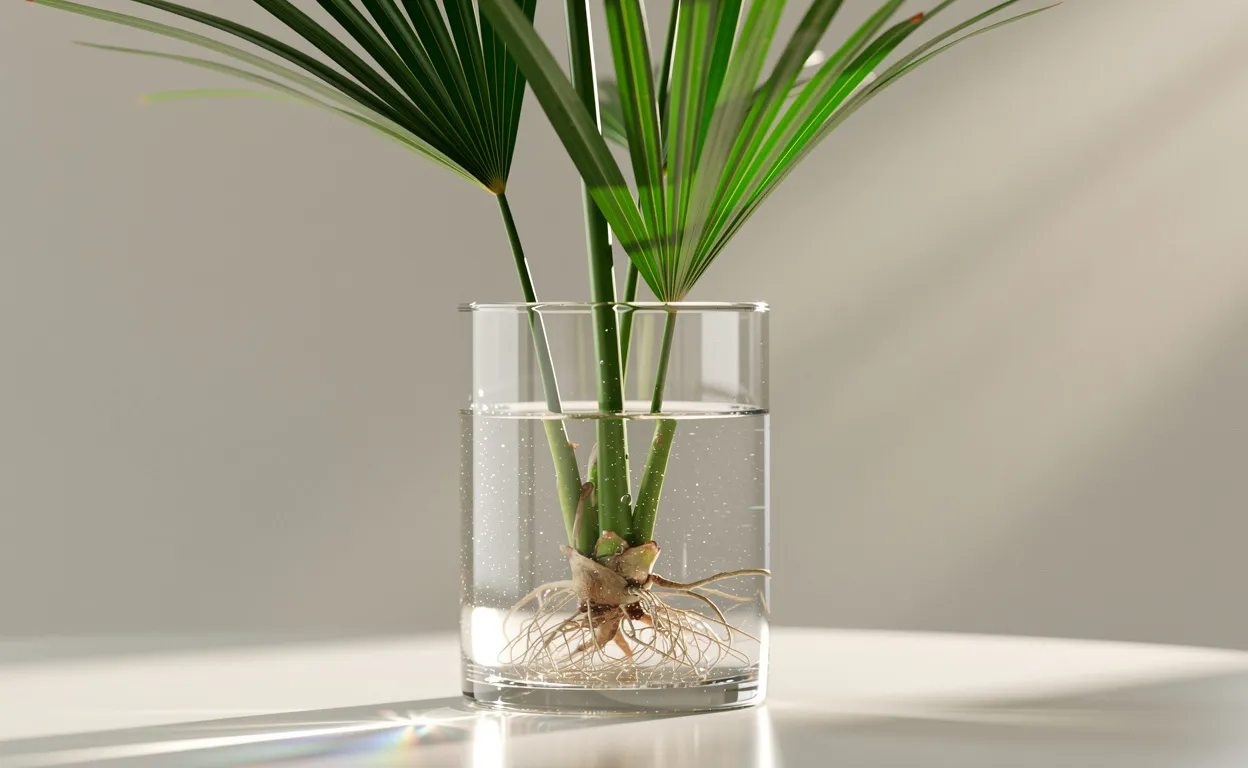 Un papyrus vert posé dans un vase en verre rempli d’eau, baigné par une lumière naturelle avec des reflets délicats.