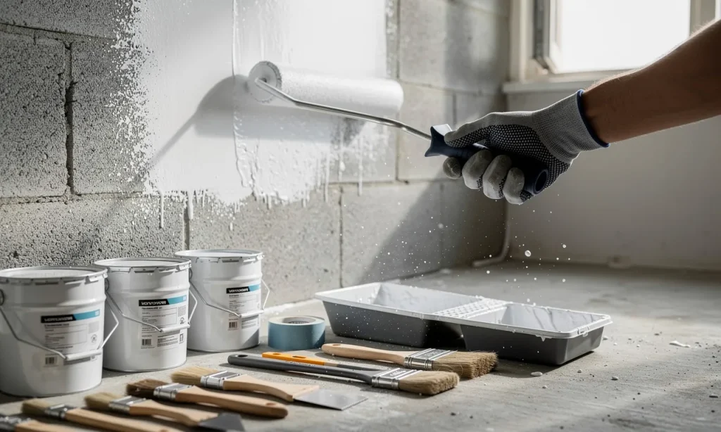 Une main gantée applique de la peinture blanche sur un mur en parpaings gris avec un rouleau, entourée de seaux et d’outils, sous une lumière douce provenant d’une fenêtre ouverte.