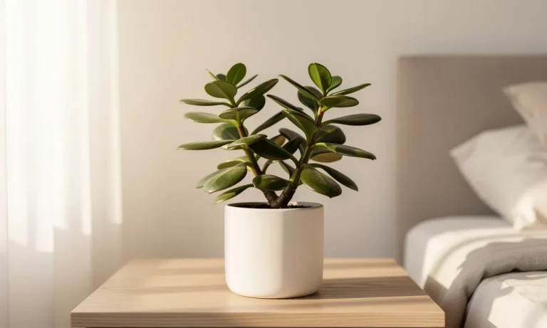 Un crassula en pot blanc repose sur une table de chevet dans une chambre baignée de lumière douce, aux rideaux translucides.