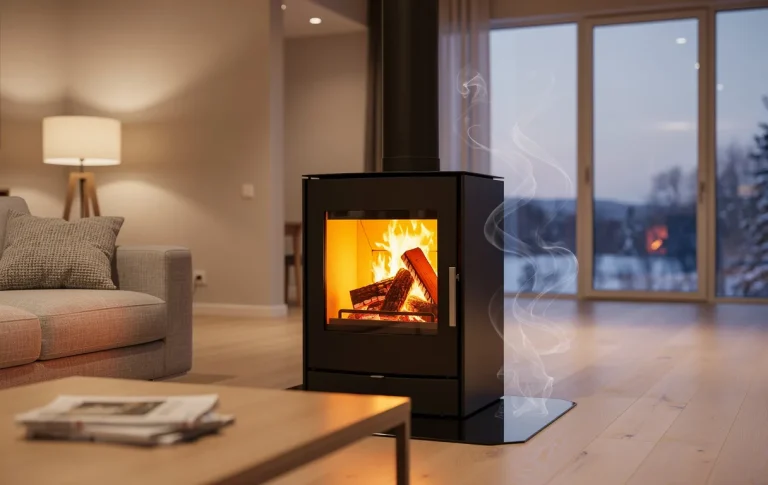 Poêle à bois moderne de 6 kW diffusant de la chaleur dans un salon spacieux et élégant, avec des vagues de chaleur visibles et un éclairage tamisé.