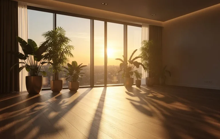 Une pièce lumineuse aux grandes fenêtres orientées nord-ouest où les derniers rayons du soleil couchant illuminent des plantes d’intérieur et projettent de longues ombres sur le sol.