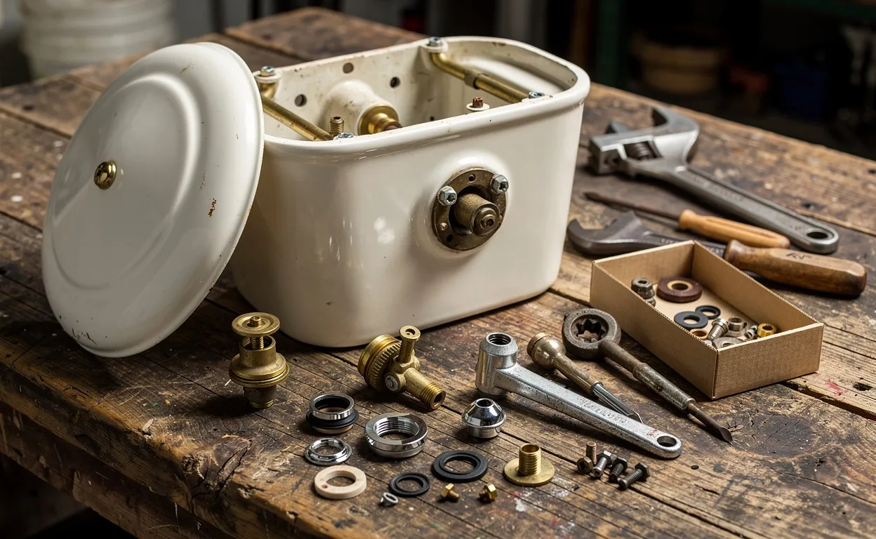 Réservoir de chasse d’eau ancien Porcher partiellement démonté sur un établi en bois, entouré de pièces de rechange et d’outils métalliques anciens.