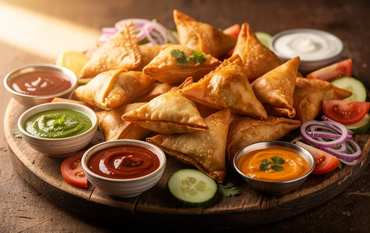 Un plateau en bois présente des samoussas dorés accompagnés de petits bols de chutneys colorés et d’une salade fraîche sous une lumière chaleureuse.