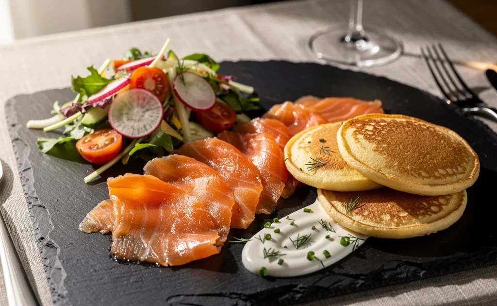 Tranches fines de saumon fumé disposées sur une ardoise avec salade colorée, blinis dorés, crème et herbes sur une table élégante.