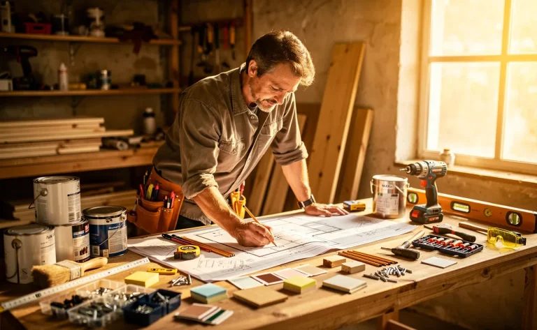 Un artisan planifie la rénovation d’une maison sur un établi en bois baigné de soleil, entouré de plans, d’outils et de matériaux.