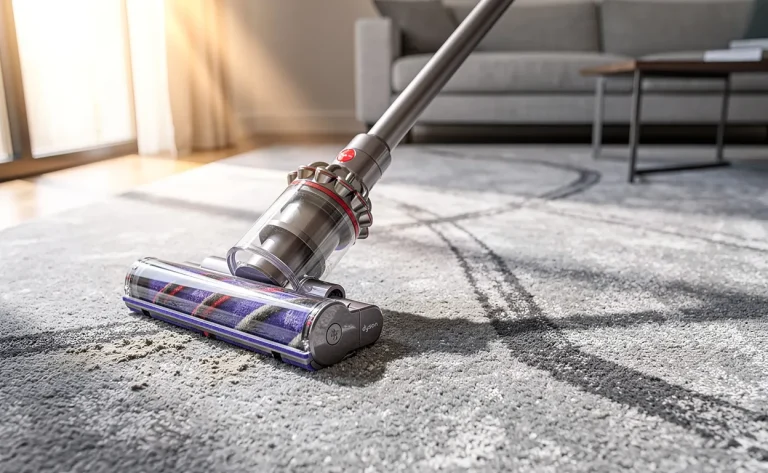 Un aspirateur-balai Dyson V8 repose sur un tapis de salon moderne, baigné par la lumière du soleil entrant par la fenêtre.