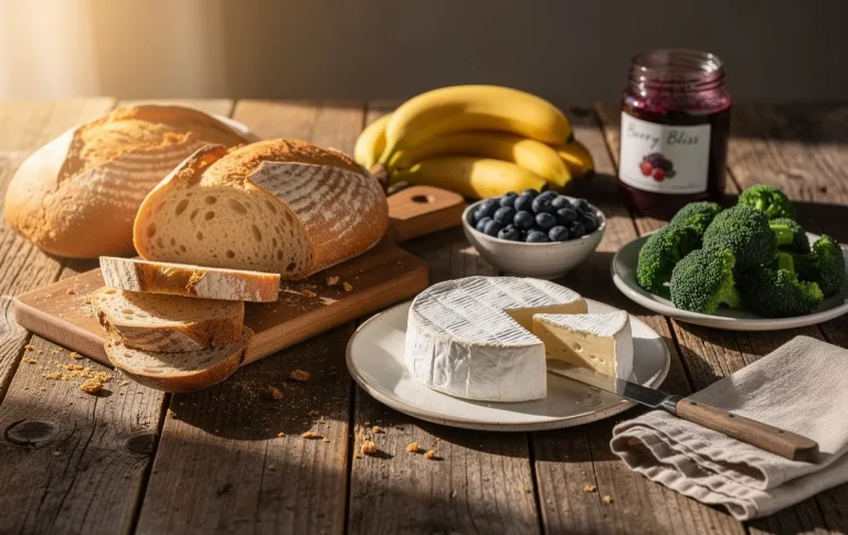 Une table en bois présente du pain, des myrtilles, du brocoli, du brie et des bananes disposés sous une lumière naturelle.