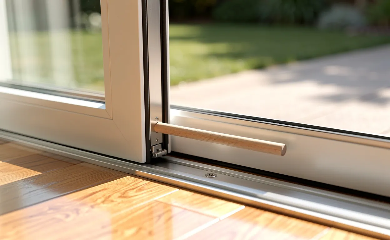 Une porte-fenêtre vitrée moderne est bloquée dans son rail par une baguette en bois, sous la lumière du soleil dans une pièce paisible.