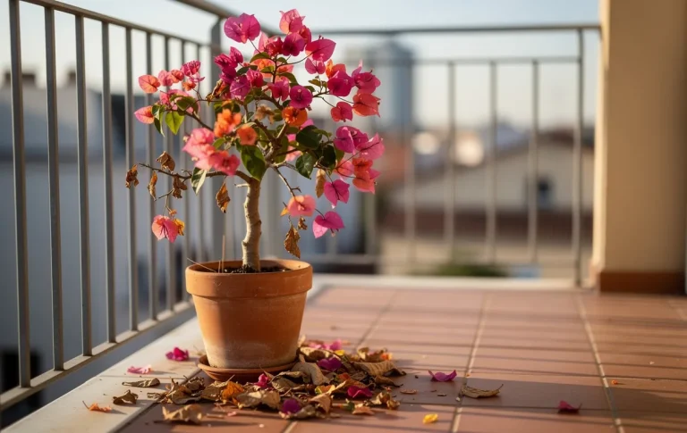 Un bougainvillier en pot sur un balcon ensoleillé, avec des feuilles éparses sur les tuiles en terre cuite et quelques-unes flétries suspendues à la plante.