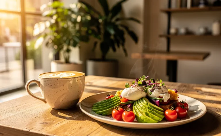 Un café élégant et une assiette de brunch colorée reposent sur une table en bois dans un café lumineux décoré de plantes.