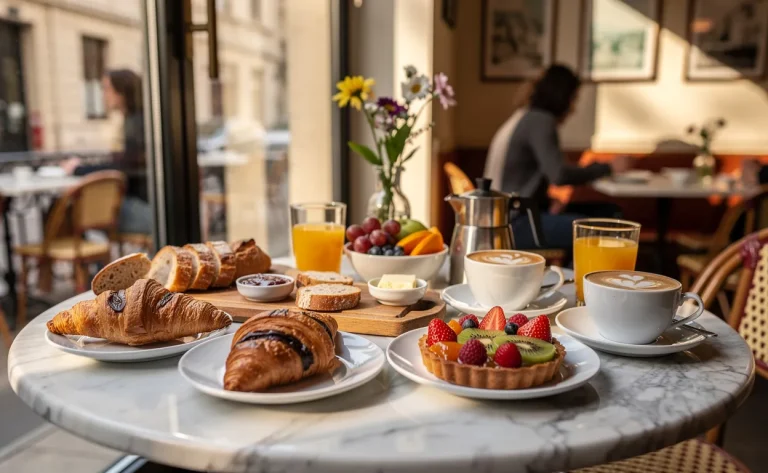 Brunch composé de viennoiseries, fruits frais et café sur une table de café à Lyon, éclairée par la lumière du matin.