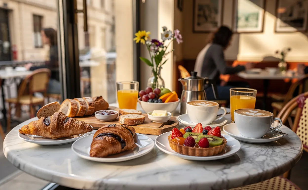 Brunch composé de viennoiseries, fruits frais et café sur une table de café à Lyon, éclairée par la lumière du matin.