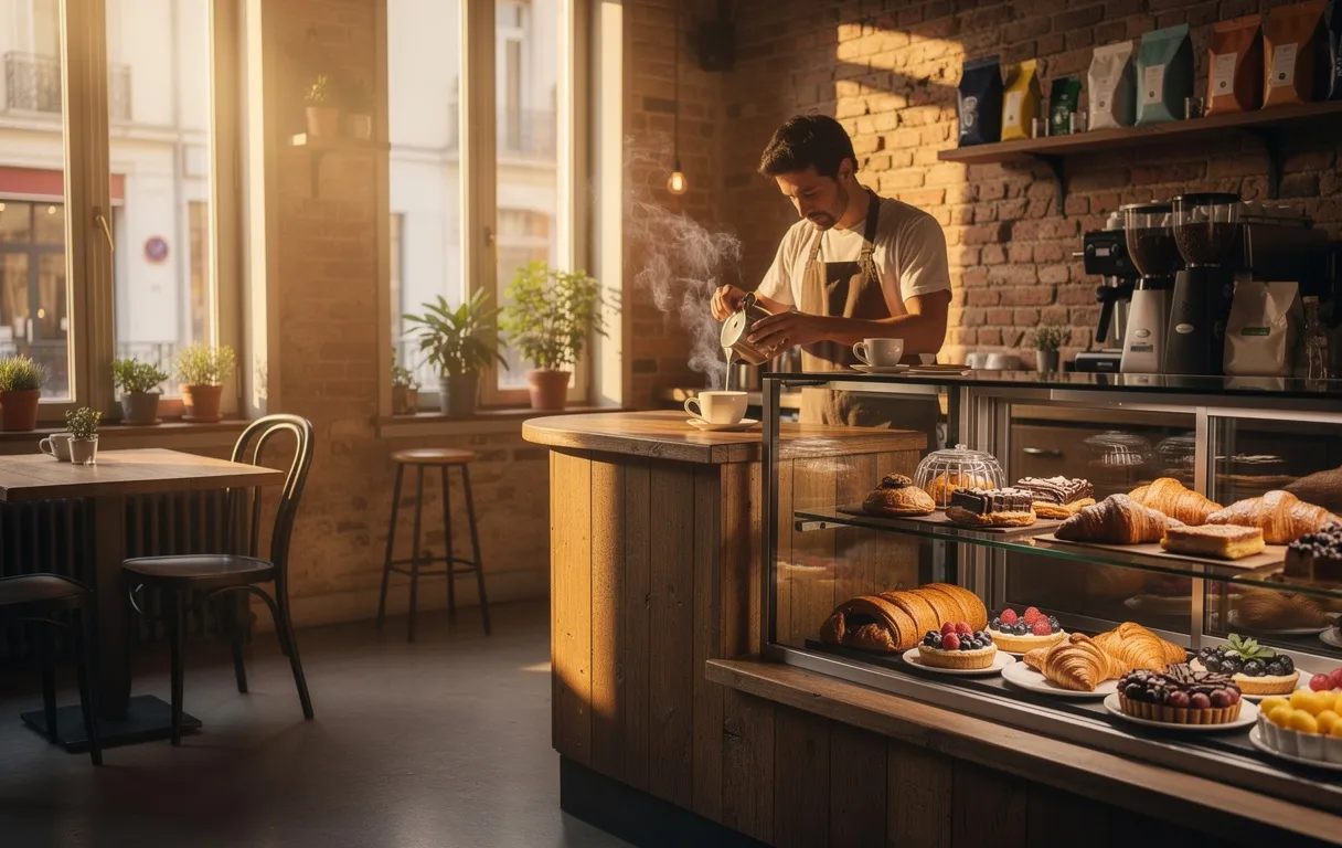 Un café chaleureux à Lyon avec murs en briques, tables en bois, barista préparant un latte et vitrines de viennoiseries sous une lumière douce.