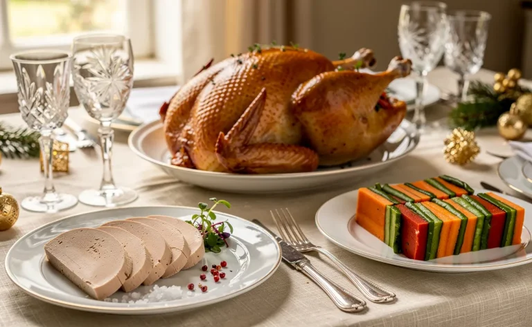 Table dressée avec du foie gras en tranches, des terrines de légumes colorées et un chapon rôti entourés de lumière naturelle.