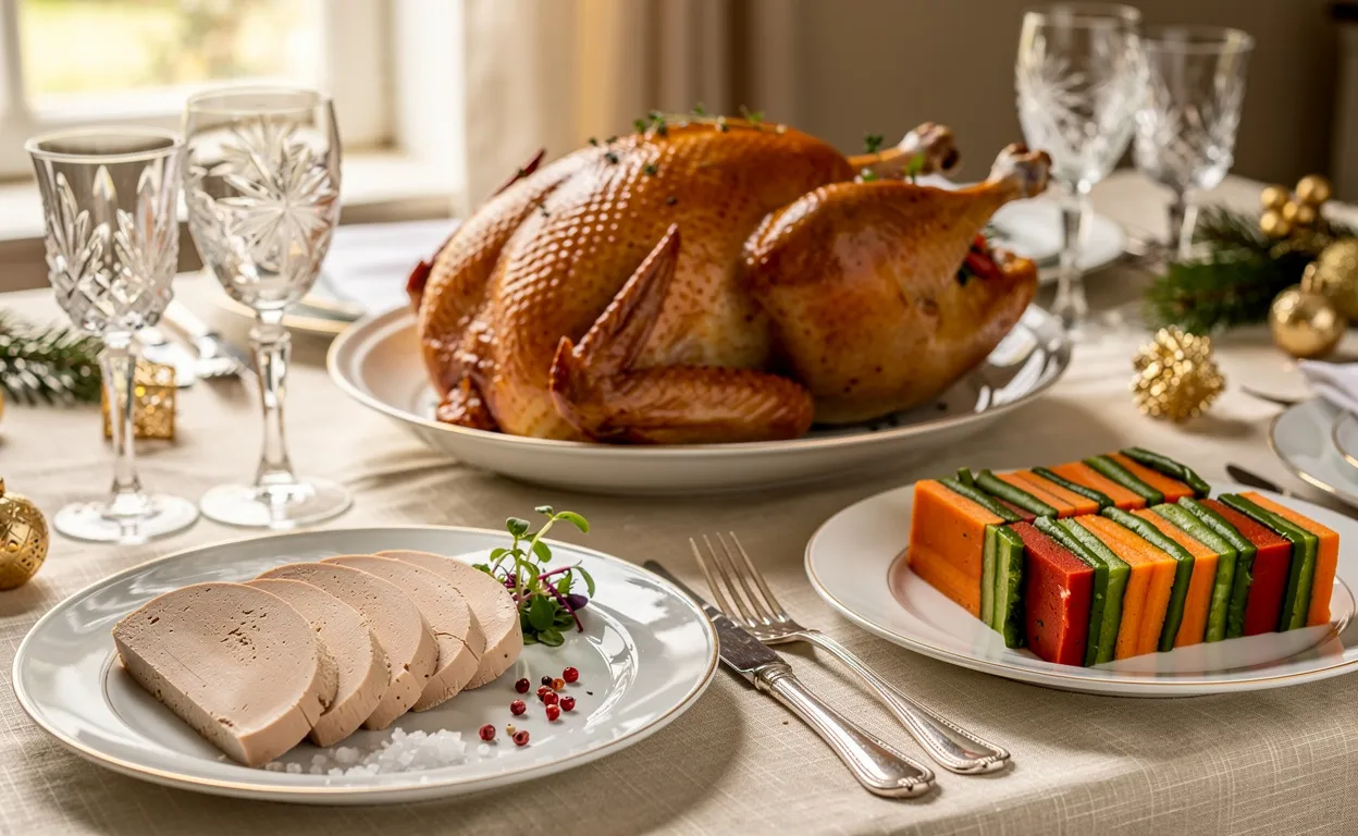 Table dressée avec du foie gras en tranches, des terrines de légumes colorées et un chapon rôti entourés de lumière naturelle.