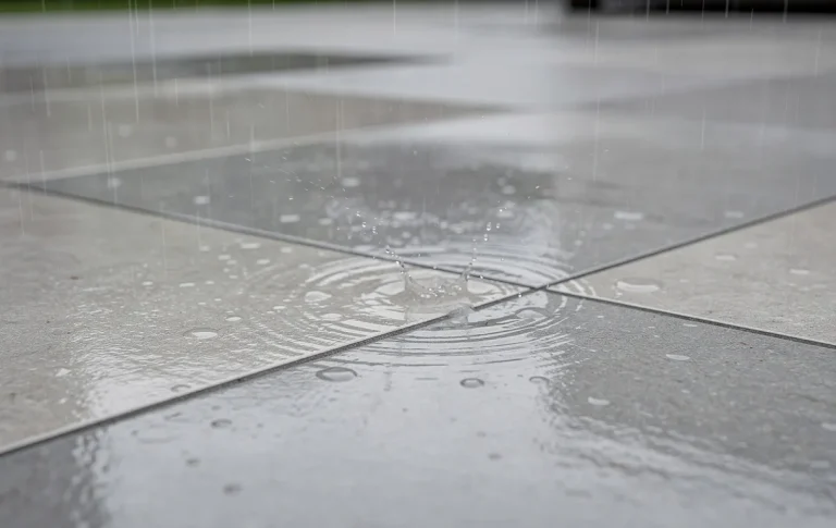 Des carreaux extérieurs fraîchement posés montrent des joints humides sous la pluie, avec des reflets doux et un ciel gris en arrière-plan.