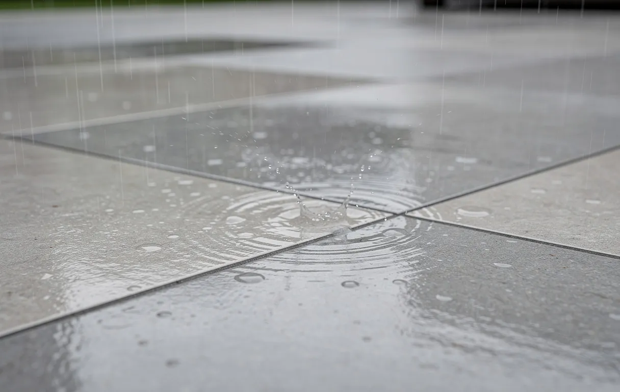 Des carreaux extérieurs fraîchement posés montrent des joints humides sous la pluie, avec des reflets doux et un ciel gris en arrière-plan.