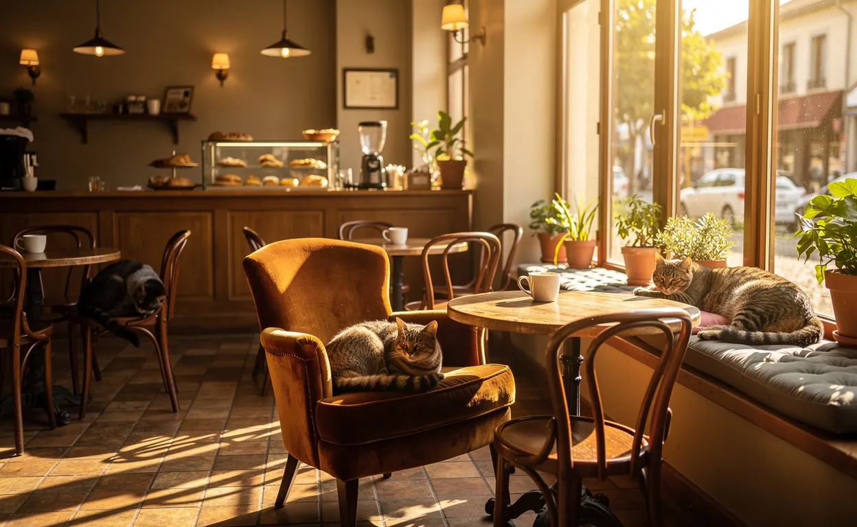 Des chats se reposent sur des fauteuils et des rebords de fenêtres dans un café lumineux et accueillant à Villefranche-sur-Saône, baigné par la lumière du soleil.