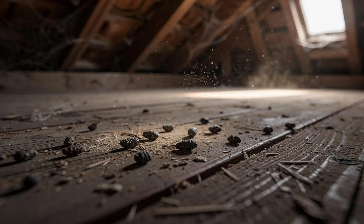 Petits excréments sombres de muscardin éparpillés sur un plancher de grenier en bois ancien, avec des poutres poussiéreuses et un filet de lumière venant d’une petite fenêtre.
