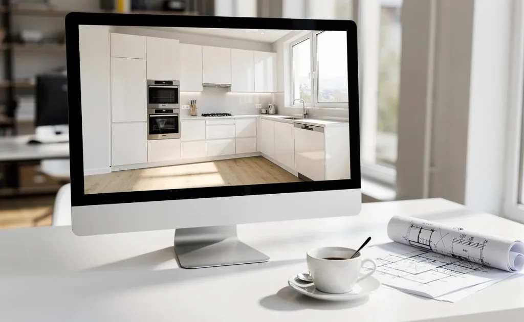 Une cuisine moderne avec des meubles Ikea apparaît sur un écran d’ordinateur près d’une tasse de café et de croquis, dans une pièce ensoleillée.