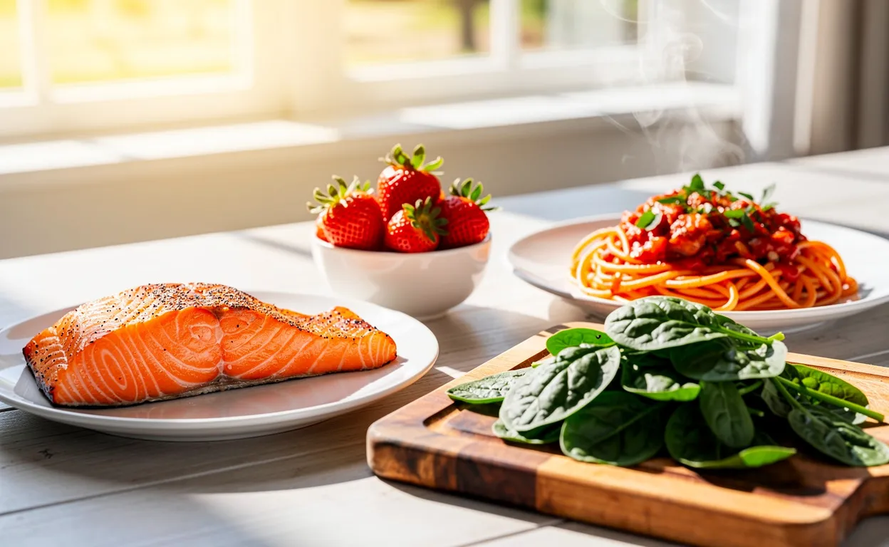 Assortiment de saumon, fraises, spaghetti et épinards disposés sur une table de petit-déjeuner éclairée par la lumière du matin.