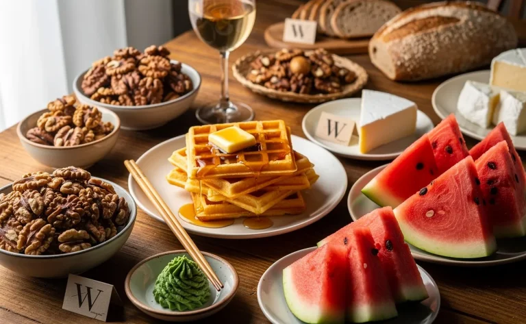 Une table en bois présente des aliments variés commençant par la lettre W, comme noix de Grenoble, gaufres, wasabi et pastèque, joliment disposés sous une lumière naturelle.