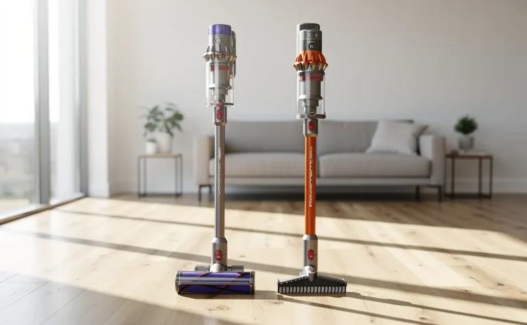 Aspirateurs sans fil Dyson V8 et Rowenta X-Force debout côte à côte sur un parquet dans un salon lumineux.