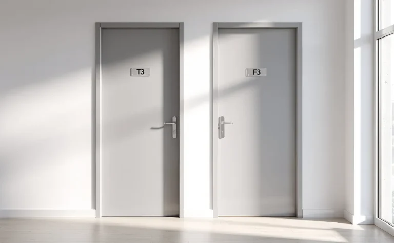 Deux portes d’appartements modernes côte à côte, étiquetées T3 et F3, dans un couloir lumineux aux murs blancs.